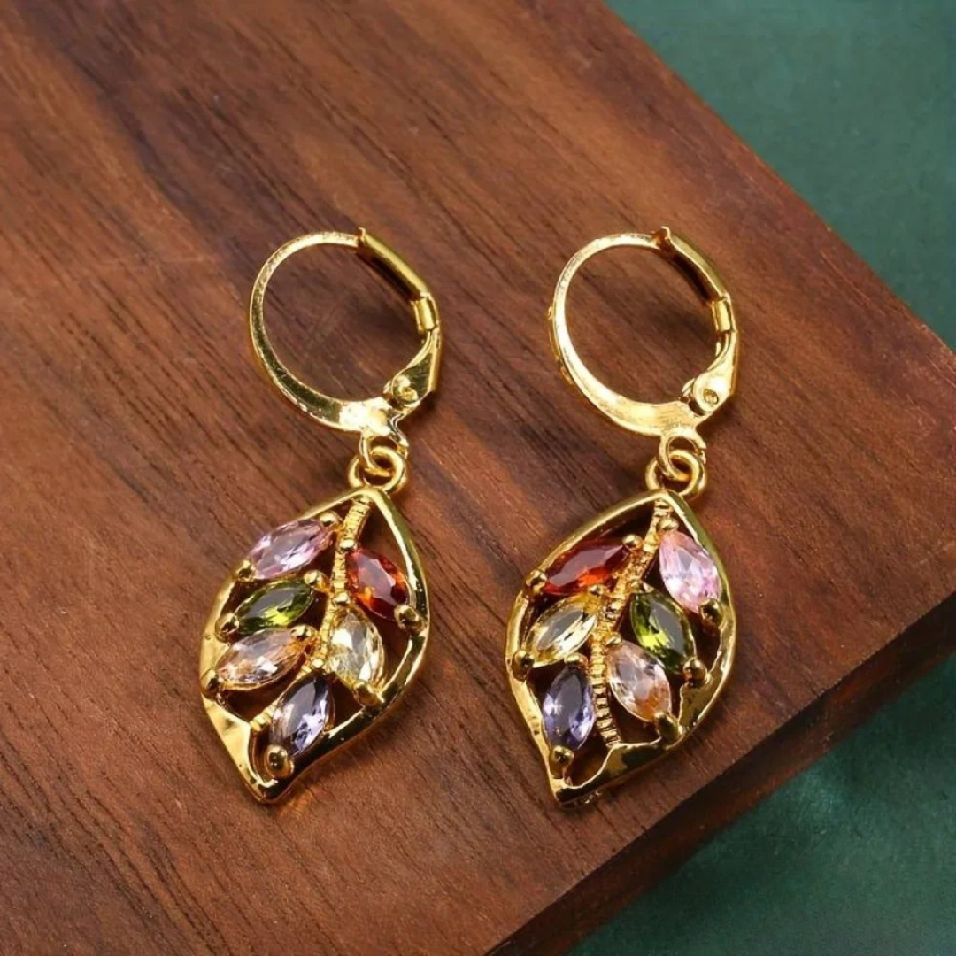 Artisan Gold Leaf Colorful Dangle Earrings - Eye-Catching Elegance
