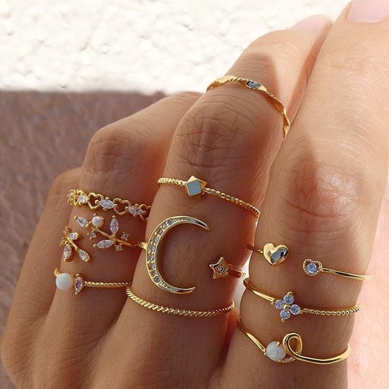 Bohemian Silver & Gold Statement Rings Set