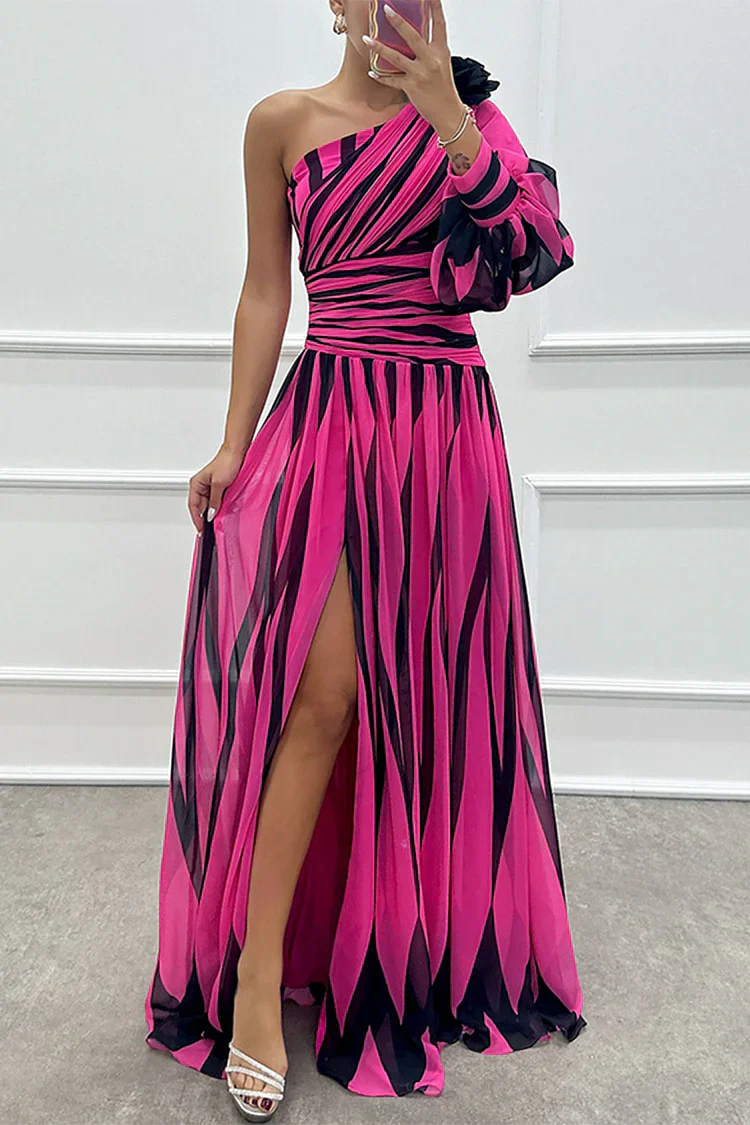 Wedding Guest Dress - Striped One Shoulder Maxi