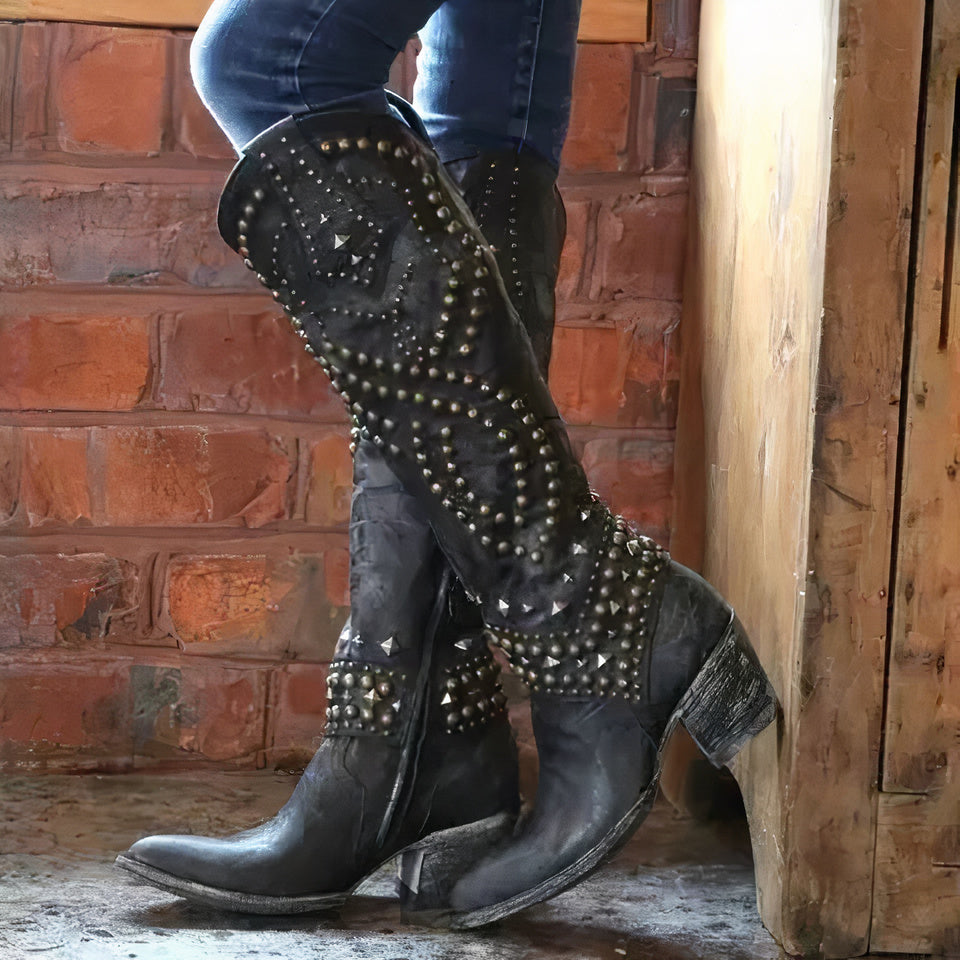 Stylish Women's Studded Cowboy Boots with Chunky Heel