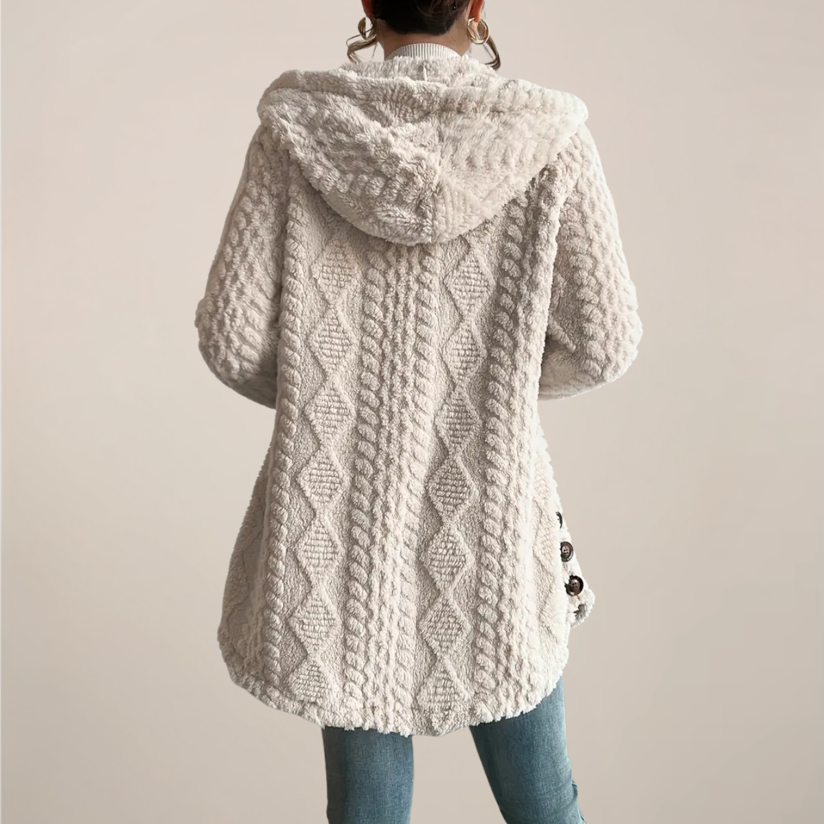 Women’s Cream Jacquard Plush Hooded Jacket for All Seasons