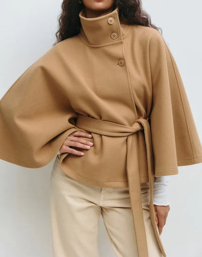 Chic Cape Coat for Women - Funnel Neck & Belted Design