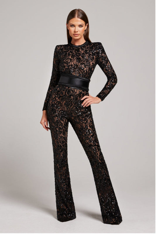 Women's Sequin Lace Long Sleeve Jumpsuit | Sheer Accents & Flared Trousers for Parties